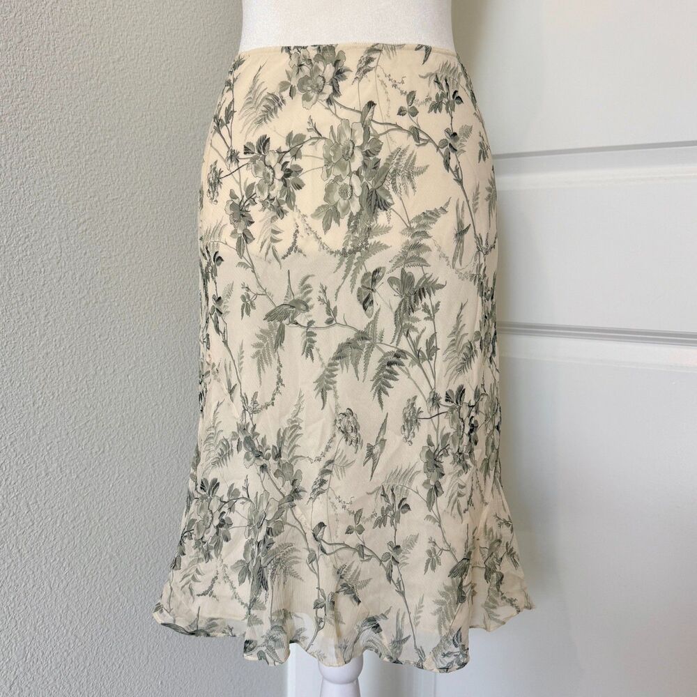 Vintage Express Ivory/Gray Floral Midi Skirt 100% Silk 90s Whimsical Fairy Sz XS